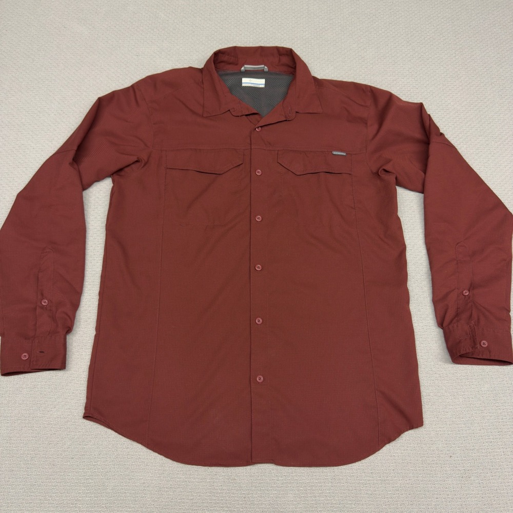 Columbia Silver Ridge Lite Shirt Mens Medium Red Burgundy Roll Tab Vented Hiking